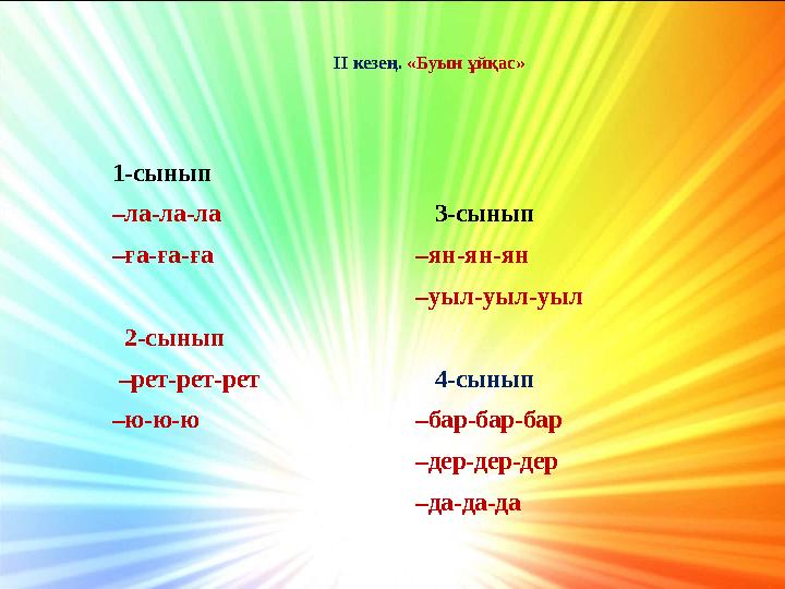 ІІ кезең. «Буын ұйқас» 1-сынып –ла-ла-ла –ға-ға-ға 2-сынып –рет-рет-рет –ю-ю-ю 3-сынып –ян-ян-ян –уыл-уыл-у