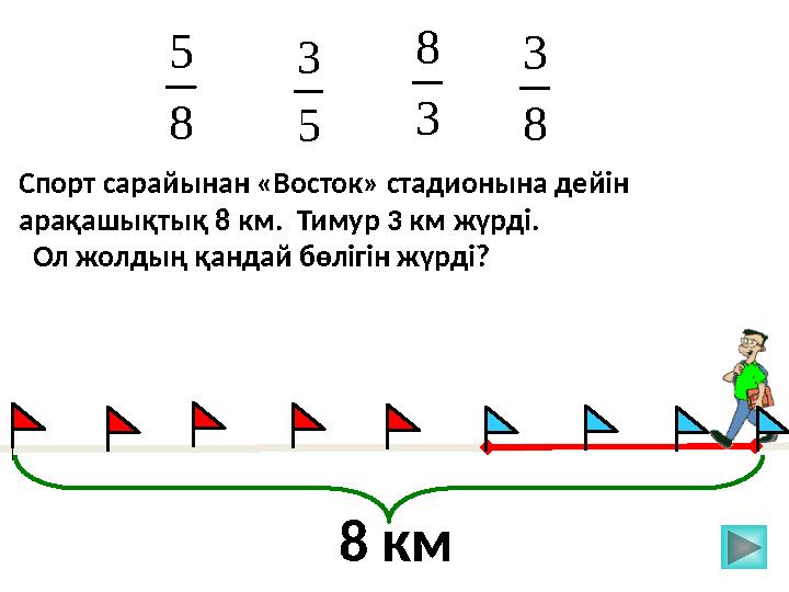 5 3 3 8 8 5Спорт сарайынан «Восток» стадионына дейін арақашықтық 8 км. Тимур 3 км жүрді. Ол жолдың қандай бөлігін жүрді?