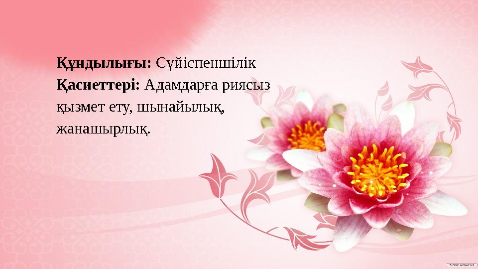 Құндылығы: Сүйіспеншілік Қасиеттері: Адамдарға риясыз қызмет ету, шынайылық, жанашырлық. Құндылығы: Сүйіспеншілік Қасиеттері: Адамдарға риясыз қызмет ету, шынайылық, жанашырлық.