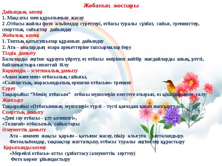 Жобаның жоспары Дайындық кезеңі 1. Мақсаты мен құрылымын жасау 2 .Отбасы жайлы фото альбомдар суреттері, отбасы туралы сұх