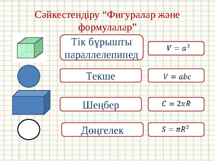 Сәйкестендіру “Фигуралар және формулалар” Тік бұрышты параллелепипед Текше Шеңбер Дөңгелек