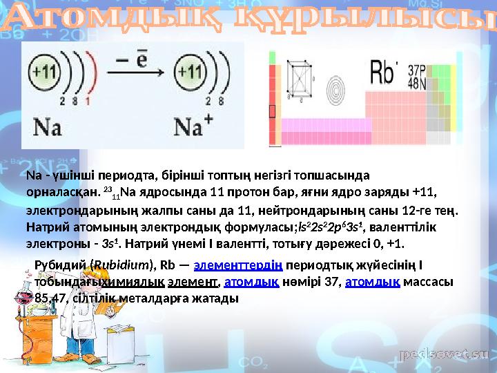 Na - үшінші периодта, бірінші топтың негізгі топшасында орналасқан. 23 11 Na ядросында 11 протон бар, яғни ядро заряды +11,