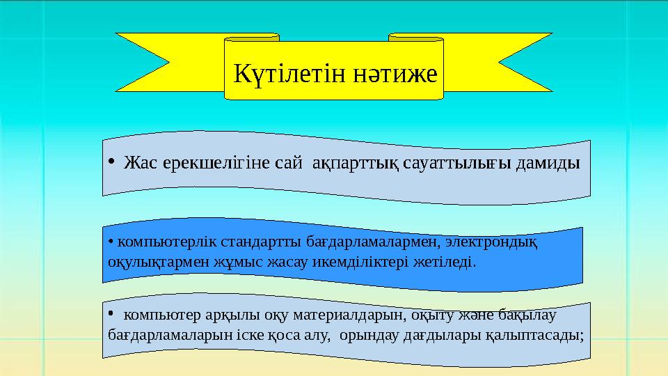 Күтілетін нәтиже • Жас ерекшелігіне сай ақпарттық сауаттылығы дамиды • компьютерлік стандартты бағдарламалармен, электрондық