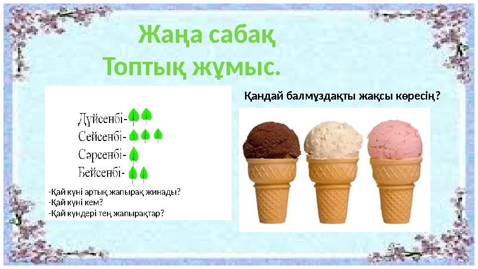 Жаңа сабақ Топтық жұмыс. -Қай күні артық жапырақ жинады? -Қай күні кем? -Қай күндері тең жапырақтар? Қандай балмұздақты жақсы кө