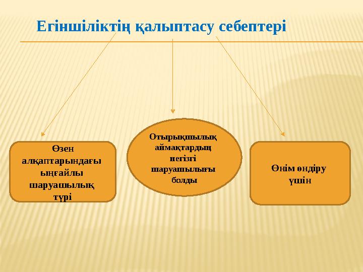 Егіншіліктің қалыптасу себептері Өзен алқаптарындағы ыңғайлы шаруашылық түрі Өнім өндіру үшінОтырықшылық аймақтардың негіз