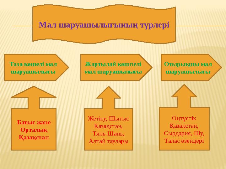 Мал шаруашылығының түрлері Таза көшелі мал шаруашылығы Жартылай көшпелі мал шаруашылығы Отырықшы мал шаруашылығы Батыс және