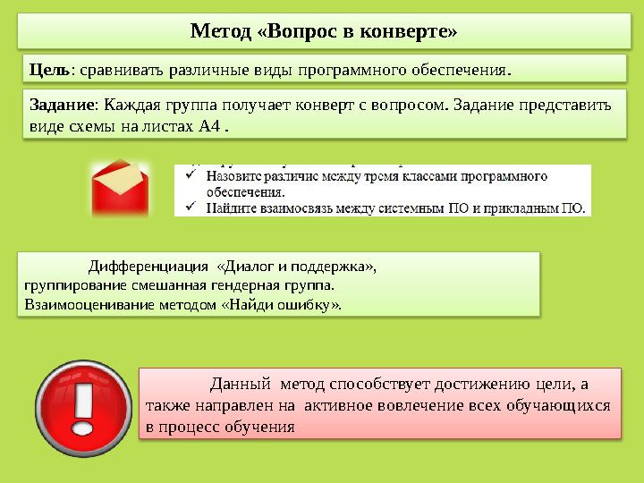 Метод «Вопрос в конверте» Цель : сравнивать различные виды программного обеспечения. Задание : Каждая группа получает конверт с