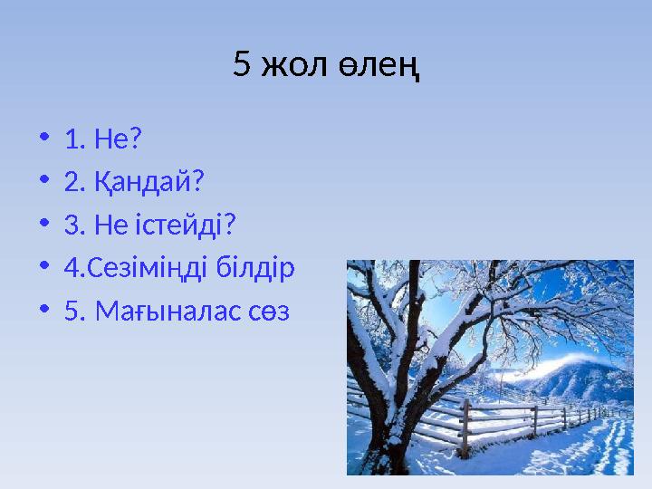5 жол өлең •1. Не? •2. Қандай? •3. Не істейді? •4.Сезіміңді білдір •5. Мағыналас сөз