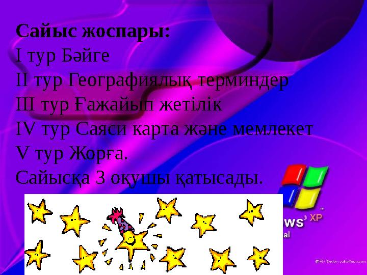 Сайыс жоспары: І тур Бәйге ІІ тур Географиялық терминдер ІІІ тур Ғажайып жетілік ІV тур Саяси карта және мемлекет V тур Жорға.