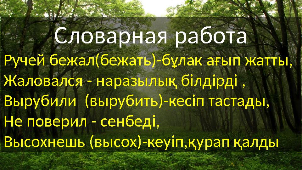 Словарная работа Ручей бежал(бежать)- бұлак ағып жатты , Жаловался - наразылық білдірді , Вырубили (вырубить)- кесіп таста