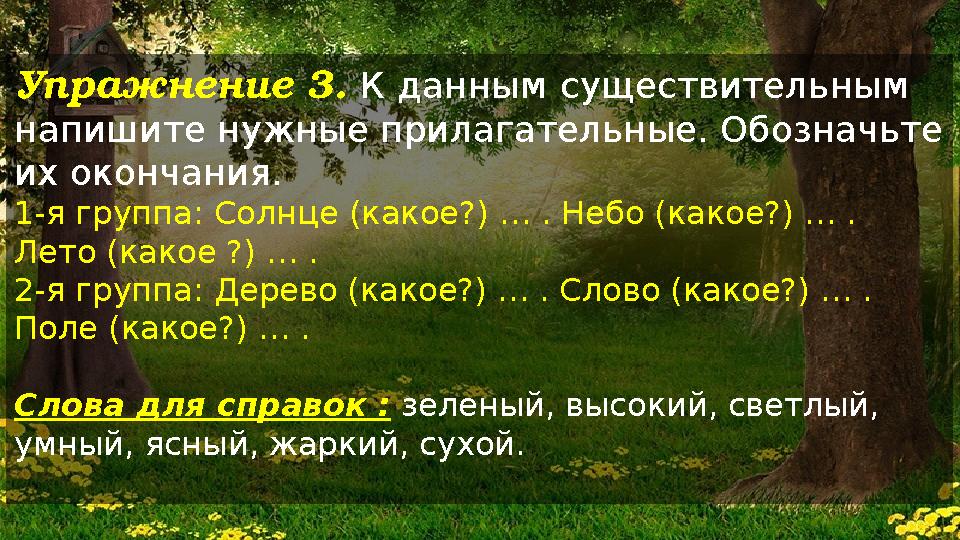 Упражнение 3. К данным существительным напишите нужные прилагательные. Обозначьте их окончания. 1- я группа: Солнце (какое