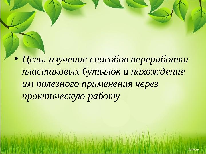 • Цель: изучение способов переработки пластиковых бутылок и нахождение им полезного применения через практическую работу