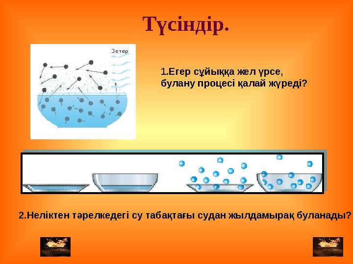 Түсіндір. 1.Егер сұйыққа жел үрсе, булану процесі қалай жүреді? 2.Неліктен тәрелкедегі су табақтағы судан жылдамырақ буланады?