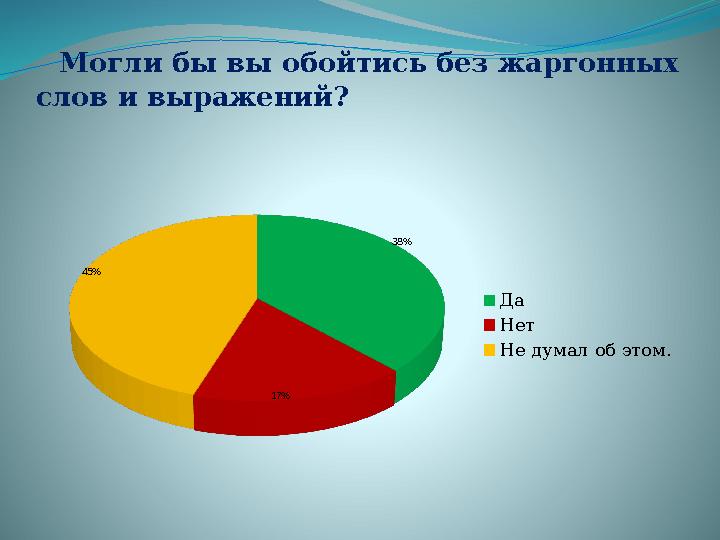 Могли бы вы обойтись без жаргонных слов и выражений?38% 17% 45% Да Нет Не думал об этом.