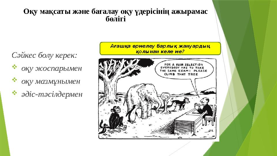 Сәйкес болу керек:  оқу жоспарымен  оқу мазмұнымен  әдіс-тәсілдермен Ағашқа өрмелеу барлық жануардың қолына