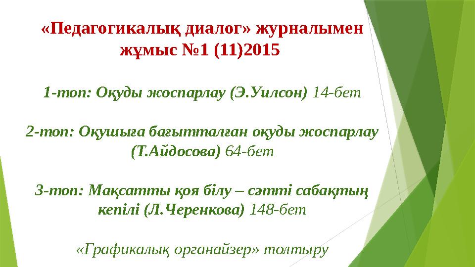 «Педагогикалық диалог» журналымен жұмыс №1 (11)2015 1-топ: Оқуды жоспарлау (Э.Уилсон) 14-бет 2-топ: Оқушыға ба