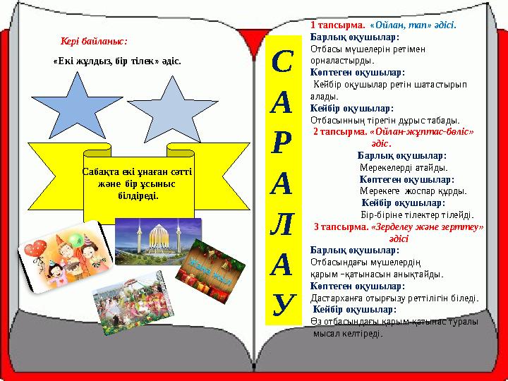 Кері байланыс: «Екі жұлдыз, бір тілек» әдіс. Сабақта екі ұнаған сәтті және бір ұсыныс білдіреді. С А Р А Л А У 1 тапсырма