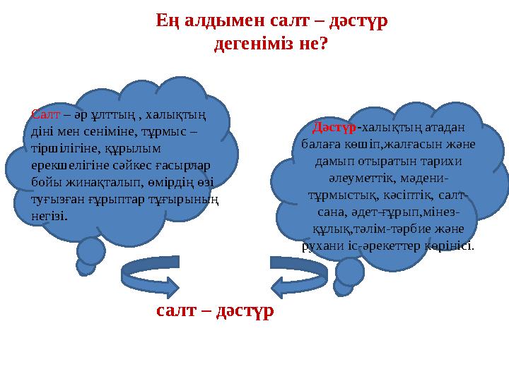 Ең алдымен салт – дәстүр дегеніміз не? Салт – әр ұлттың , халықтың діні мен сеніміне, тұрмыс – тіршілігіне, құрылым ерекшеліг