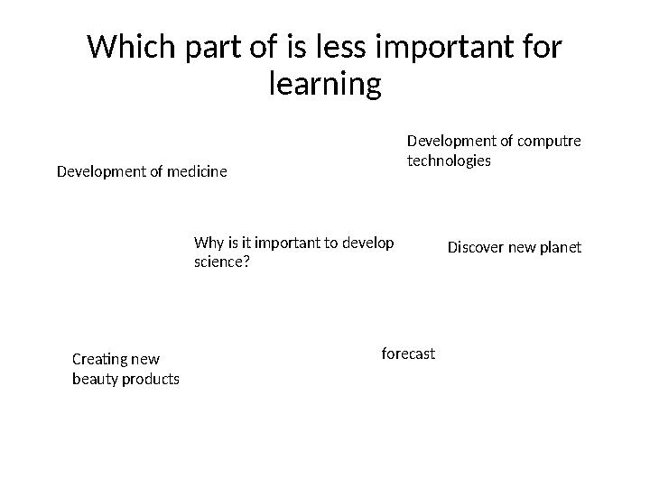 Which part of is less important for learning Why is it important to develop science?Development of medicine Creating new beau