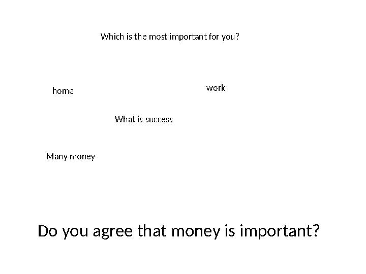 Do you agree that money is important? What is successhome work Many money Which is the most important for you?