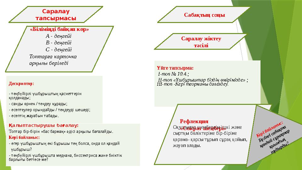 Саралау тапсырмасы «Біліміңді байқап көр» А - деңгейі В - деңгейі С - деңгейі Топтарға карточка арқылы беріледі Дескриптор