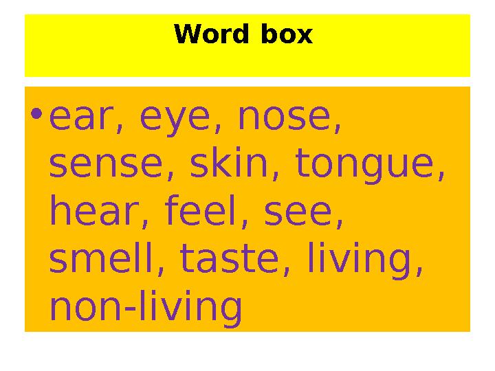 Word box • ear, eye, nose, sense, skin, tongue, hear, feel, see, smell, taste, living, non-living