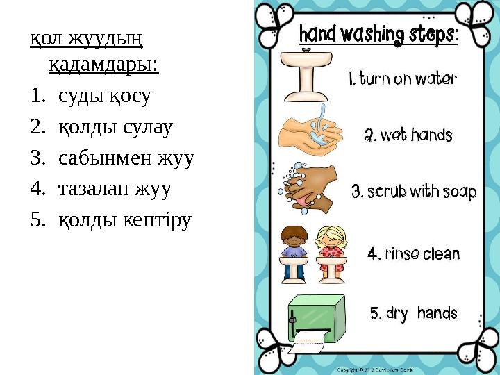 қол жуудың қадамдары: 1.суды қосу 2.қолды сулау 3.сабынмен жуу 4.тазалап жуу 5.қолды кептіру қол жуудың қадамдары: 1.суды қосу 2.қолды сулау 3.сабынмен жуу 4.тазалап жуу 5.қолды кептіру