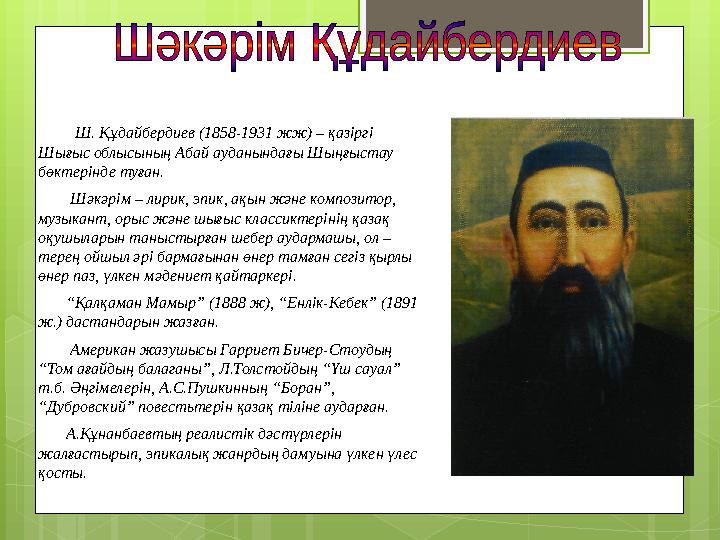 Ш. Құдайбердиев (1858-1931 жж) – қазіргі Шығыс облысының Абай ауданындағы Шы