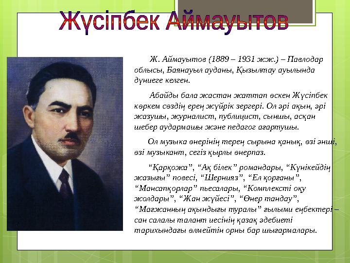 Ж. Аймауытов (1889 – 1931 жж.) – Павлодар облысы, Баянауыл ауданы, Қызылтау а