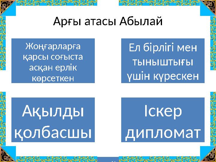 Арғы атасы Абылай Жоңғарларға қарсы соғыста асқан ерлік көрсеткен Ел бірлігі мен тыныштығы үшін күрескен Ақылды қолбасшы І