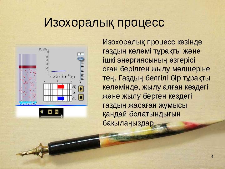 4 Изохоралық процесс Изохоралық процесс кезiнде газдың көлемі тұрақты және iшкi энергиясының өзгерiсi оған берiлген жылу мөлш
