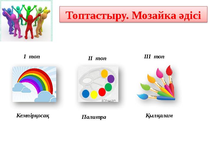 Топтастыру. Мозайка әдісі Кемпірқосақ Палитра Қылқалам І топ ІІ топ ІІІ топ