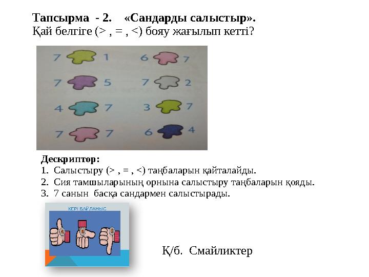 Тапсырма - 2. «Сандарды салыстыр». Қай белгіге (> , = , <) бояу жағылып кетті? Дескриптор: 1. Салыстыру (> , = , <) таңбал