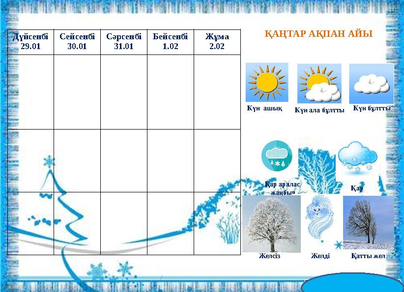 ҚАҢТАР АҚПАН АЙЫ Күн ашық Күн ала бұлтты Күн бұлтты Қар аралас жаңбыр Қар Желді Қатты жел Дүйсенбі 29.01 Сейсенбі 30.01 Сәрсен