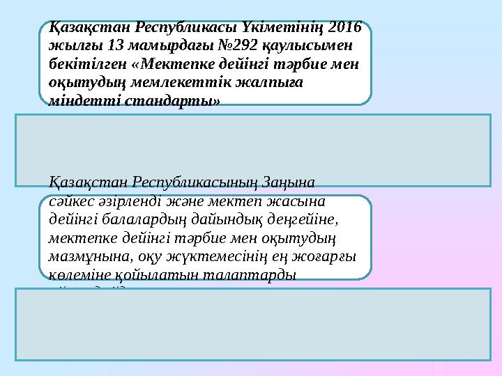 Қазақстан Республикасы Үкіметінің 2016 жылғы 13 мамырдағы №292 қаулысымен бекітілген «Мектепке дейінгі тәрбие мен оқытудың ме