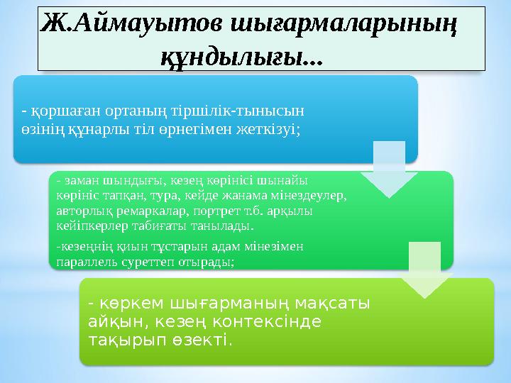 - қоршаған ортаның тіршілік-тынысын өзінің құнарлы тіл өрнегімен жеткізуі; - заман шындығы, кезең көрінісі шынайы көрініс т