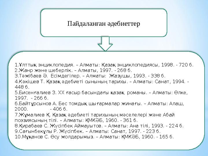 Пайдаланған әдебиеттер 1.Ұлттық энциклопедия. – Алматы: Қазақ энциклопедиясы, 1998. - 720 б. 2.Жанр және шеберлік. – Алматы