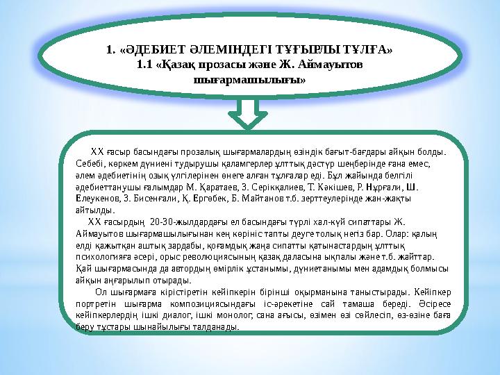 1. «ӘДЕБИЕТ ӘЛЕМІНДЕГІ ТҰҒЫРЛЫ ТҰЛҒА» 1.1 «Қазақ прозасы және Ж. Аймауытов шығармашылығы» ХХ ғасыр басындағы проза