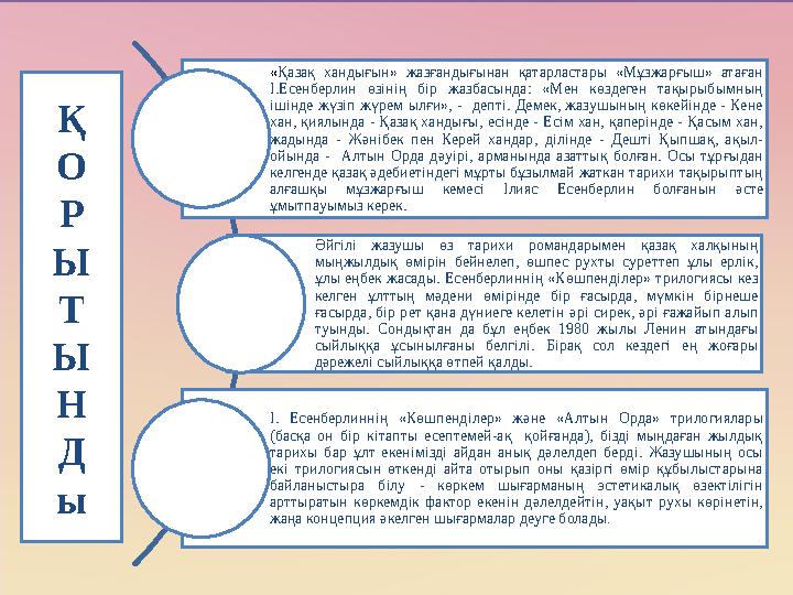 «Қазақ хандығын» жазғандығынан қатарластары «Мұзжарғыш» атаған І.Есенберлин өзінің бір жазбасында: «Мен көздеген тақырыбымның