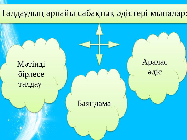 Мәтінді бірлесе талдау Баяндама Аралас әдіс Талдаудың арнайы сабақтық әдістері мыналар: