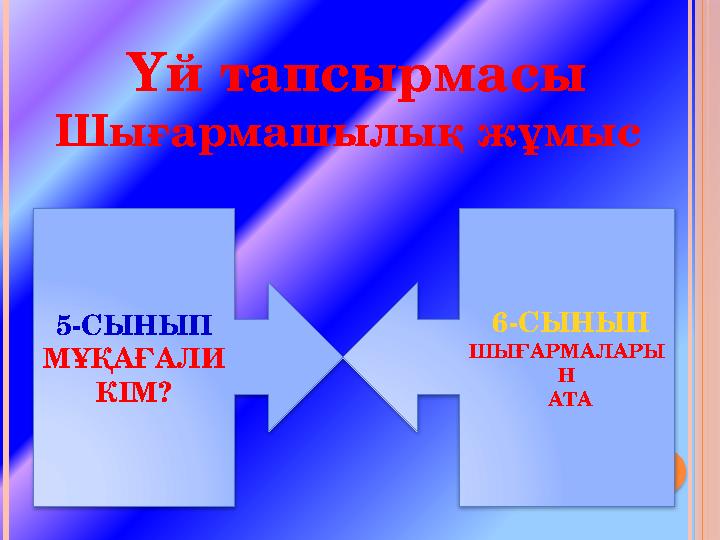Үй тапсырмасы Шығармашылық жұмыс 5-СЫНЫП МҰҚАҒАЛИ КІМ? 6-СЫНЫП ШЫҒАРМАЛАРЫ Н АТА