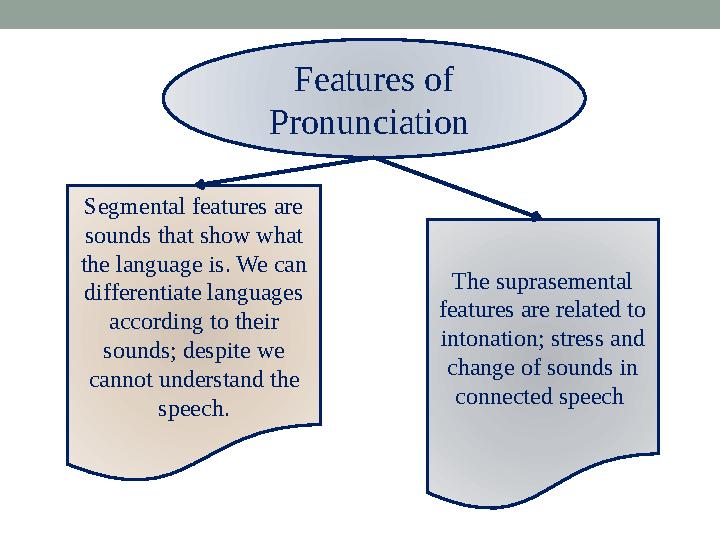 Features of Pronunciation Segmental features are sounds that show what the language is. We can differentiate languages acc