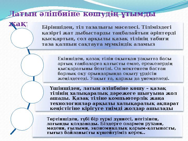 . Латын әліпбиіне көшудің ұтымды жақтары: Біріншіден, тіл тазалығы мәселесі. Тіліміздегі қазіргі жат дыбыстарды таңбалайтын ә