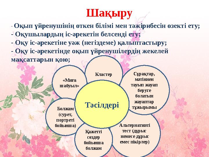 Шақыру - Оқып үйренушінің өткен білімі мен тәжірибесін өзекті ету; - Оқушылардың іс-әрекетін белсенді ету; - Оқу іс-әрекетіне уә