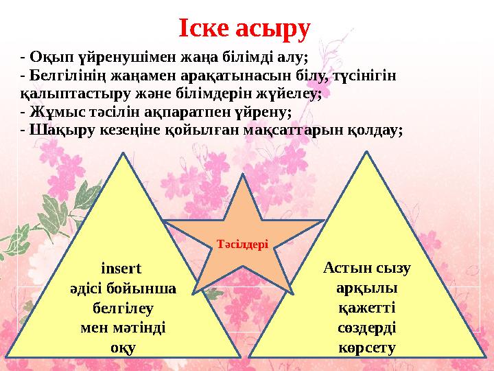 Іске асыру - Оқып үйренушімен жаңа білімді алу; - Белгілінің жаңамен арақатынасын білу, түсінігін қалыптастыру және білімдерін