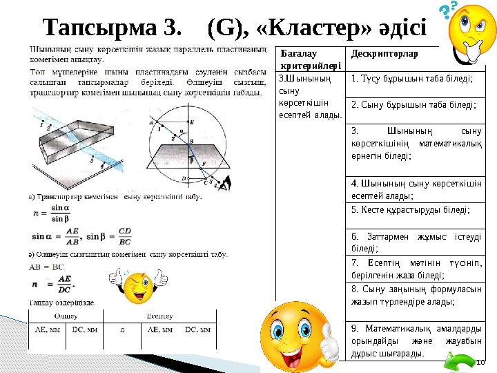 10 Тапсырма 3. (G), «Кластер» әдісі Бағалау критерийлері Дескрипторлар 3.Шынының сыну көрсеткішін есептей алады. 1. Тү