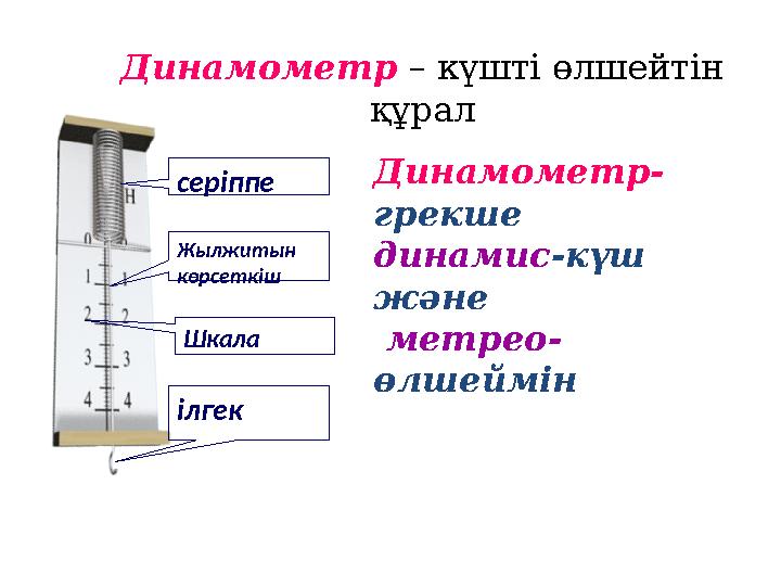 Динамометр – күшті өлшейтін құрал серіппе Шкала ілгекЖылжитын көрсеткіш Динамометр- грекше динамис -күш және метрео-