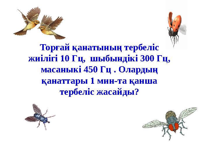 Торғай қанатының тербеліс жиілігі 10 Гц, шыбындікі 300 Гц, масаныкі 450 Гц . Олардың қанаттары 1 мин-та қанша тербеліс жаса