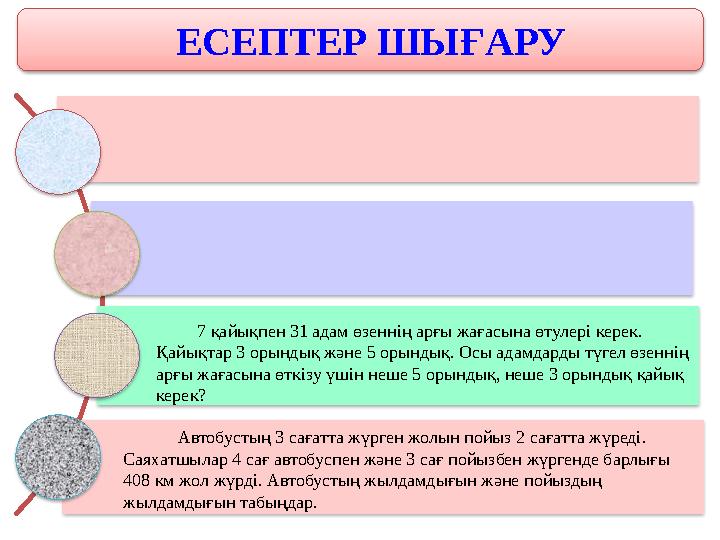 7 қайықпен 31 адам өзеннің арғы жағасына өтулері керек. Қайықтар 3 орындық және 5 орындық. Осы адамдарды түгел өзенні