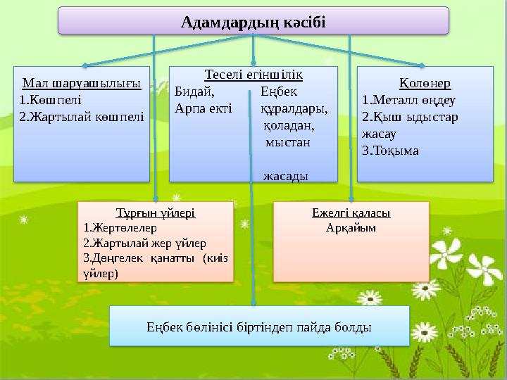 Адамдардың кәсібі Мал шаруашылығы 1.Көшпелі 2.Жартылай көшпелі Қолөнер 1.Металл өңдеу 2.Қыш ыдыстар жасау 3.Тоқыма Т
